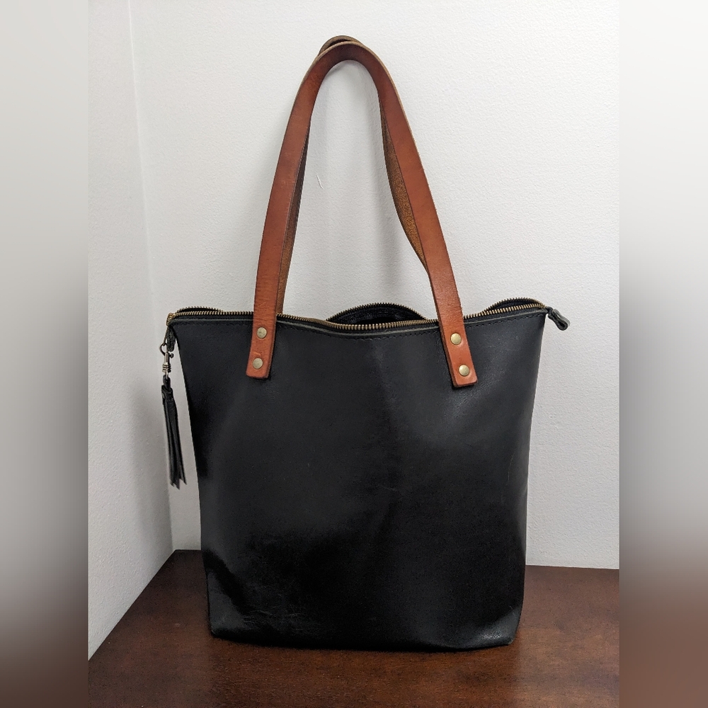 Portland Leather goods black zipper tote bag